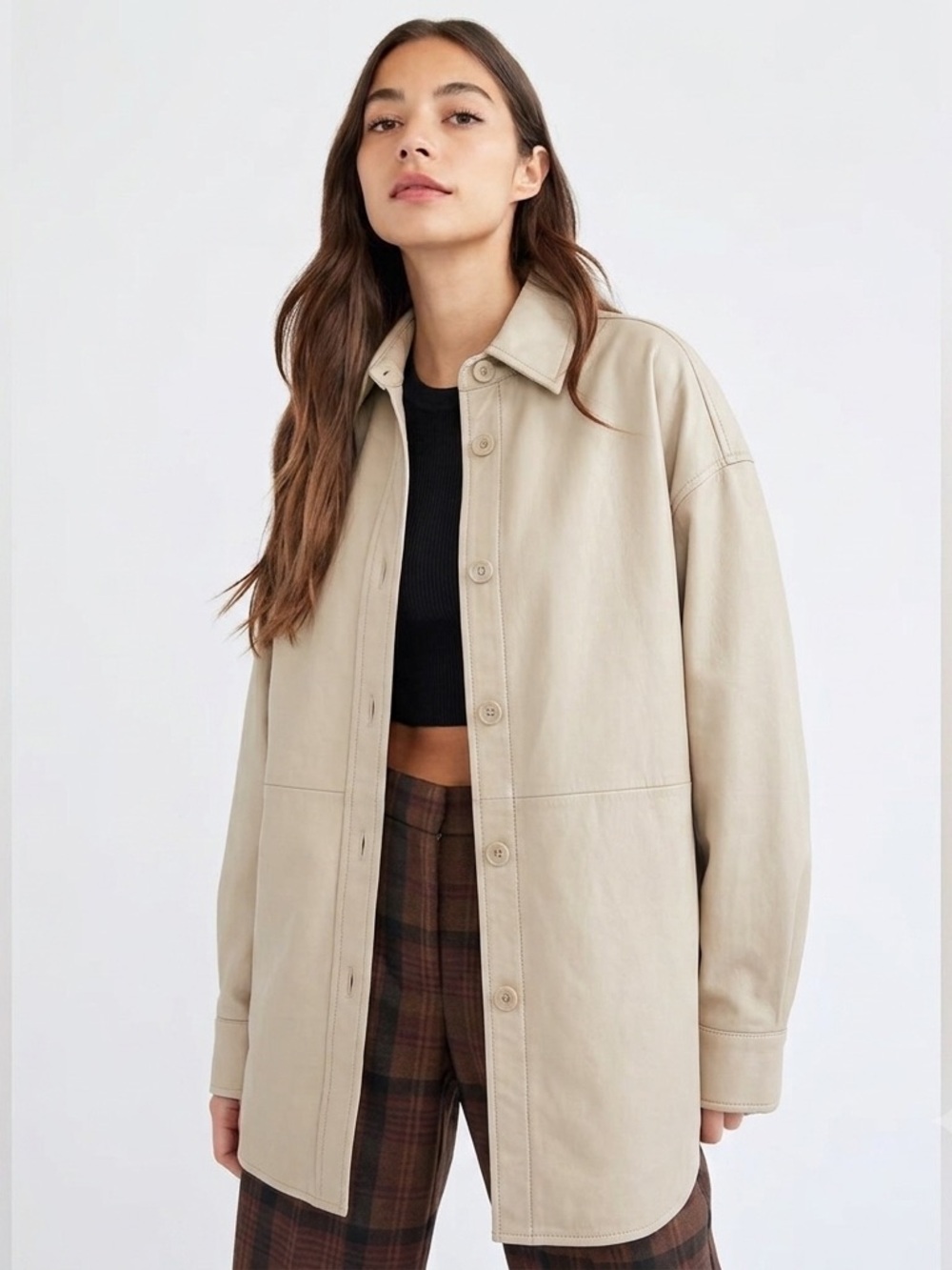 Babaton Pelli Oversized Shirt Jacket Size XS Light Beige Button-Front Fall Chic